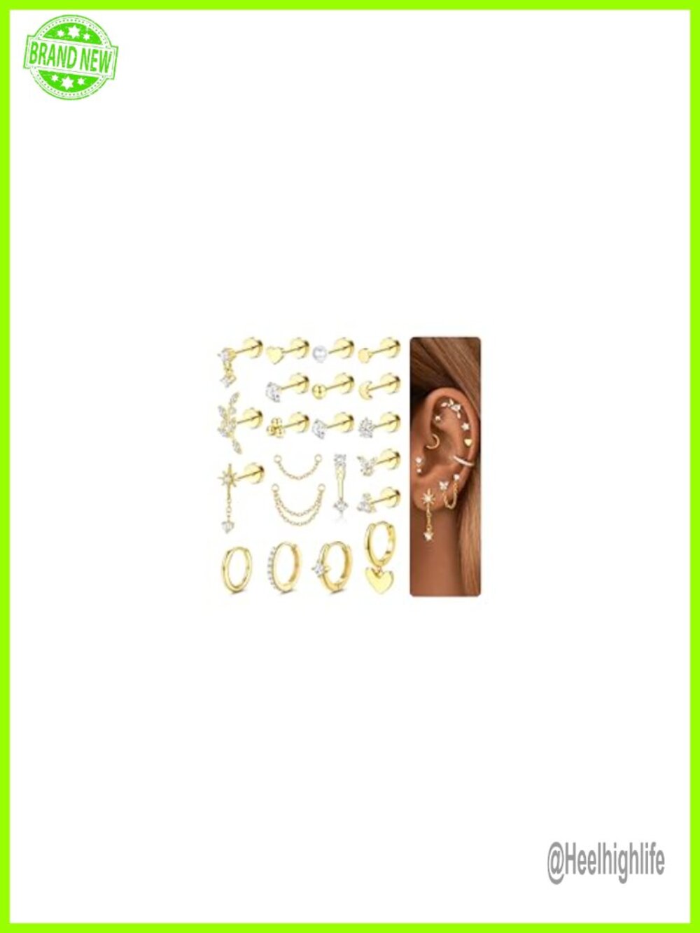 21Pc Flat Back Earrings Set 316L Surgical Steel 14K Gold Plated Cartilage Studs